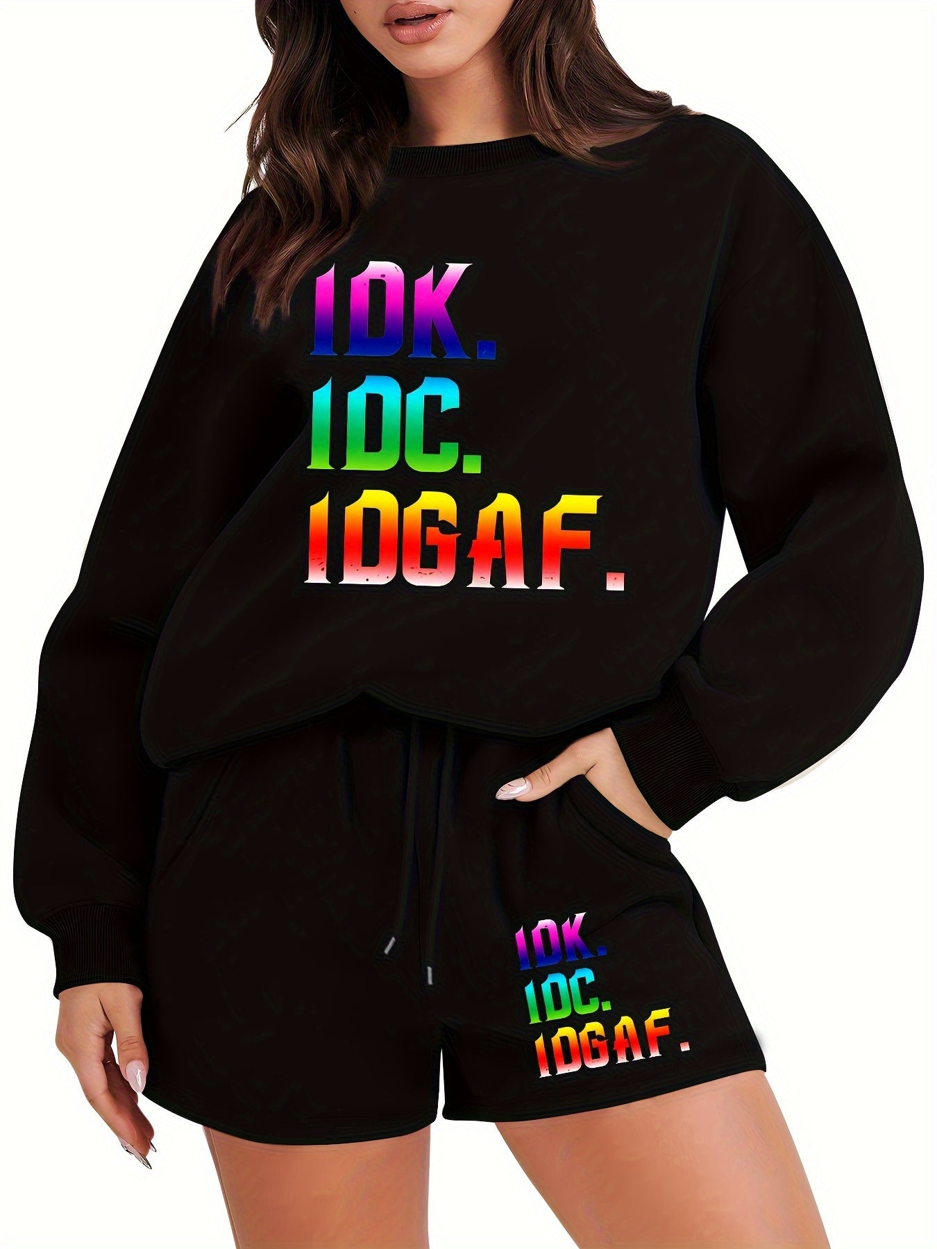  Women's Ombre Letter Print Fleece Pullover & Shorts Set