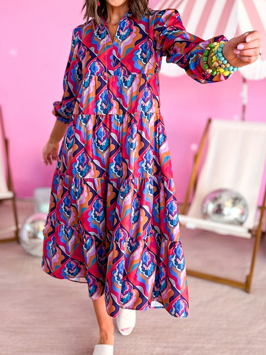 Women's Plus Geometric Print Long Sleeve V Neck Maxi Dress