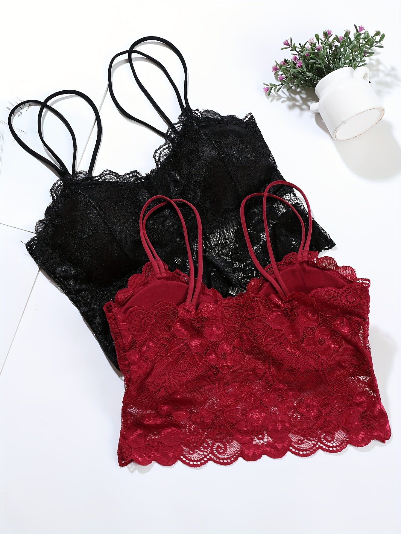 2pcs Floral Lace Wireless Bras Comfy & Breathable Women's Lingerie