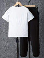 Cartoon Crown KING Print Boy's 2pcs T shirt & Drawstring Sweatpants Set