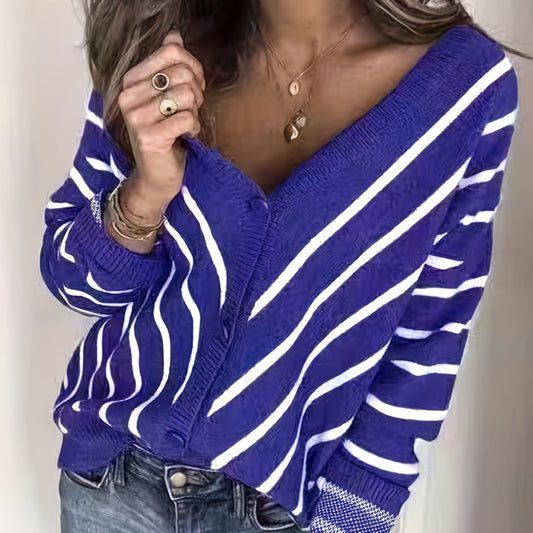 Women's Plus Striped Long Sleeve Button Up Stretch Cardigan