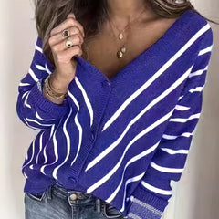 Women's Plus Striped Long Sleeve Button Up Stretch Cardigan