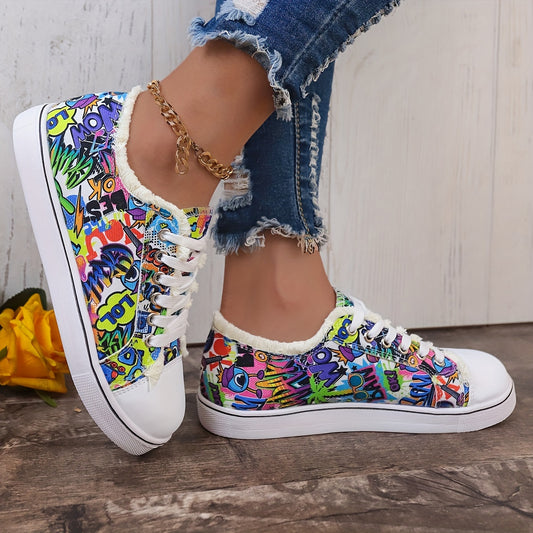 Women's Graffiti Printed Canvas Sneakers Lace Up Flat Shoes