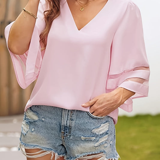  Bell Sleeve Mesh V Neck Tee