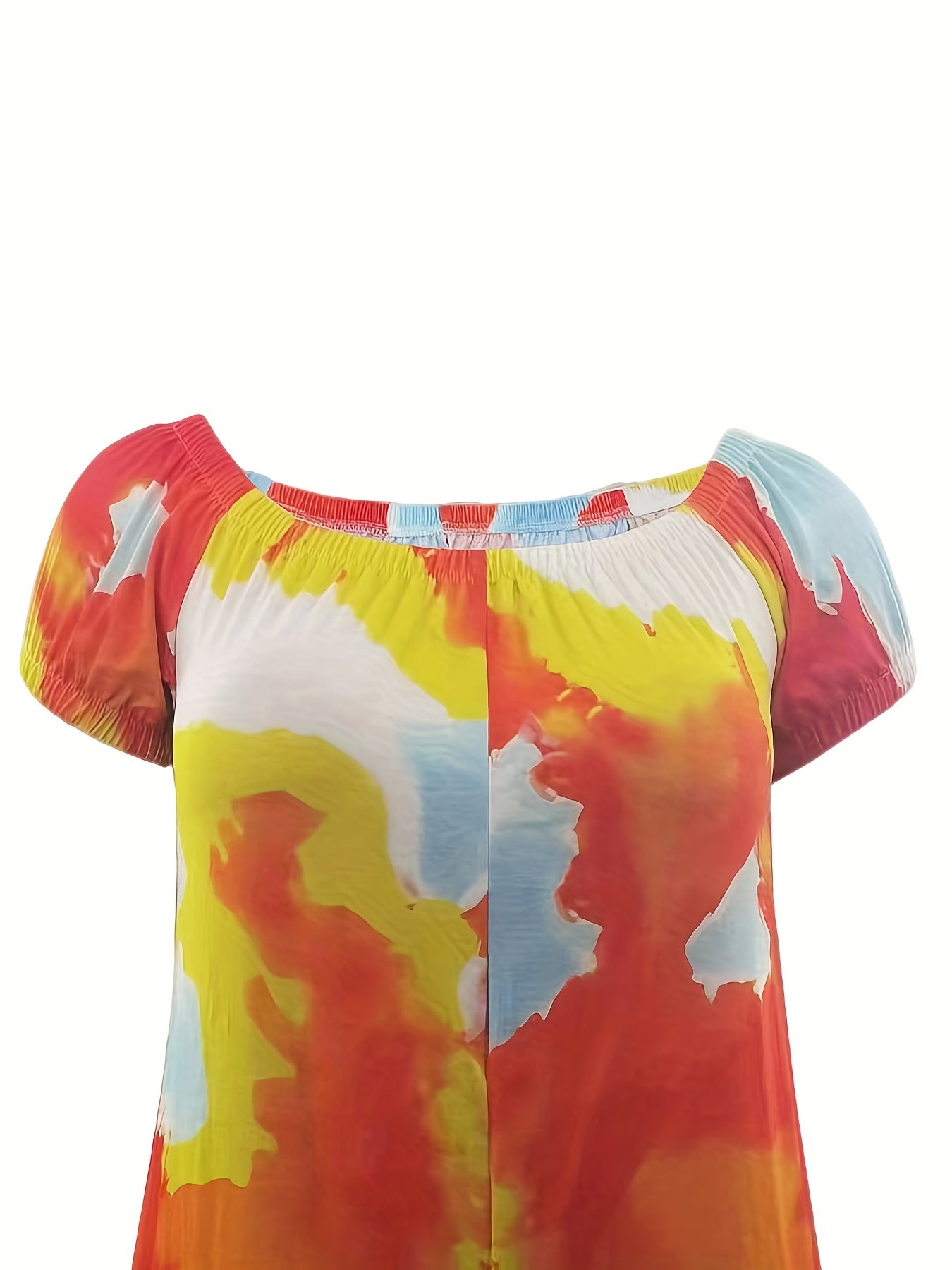  Tie Dye Puff Sleeve Jumpsuit Medium Stretch with Pockets