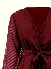  Chevron Lace Insert Long Sleeve Dress