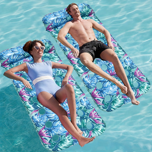 Large Leaf Pattern Pool Float with Headrest, 2 Pillows, PVC Material