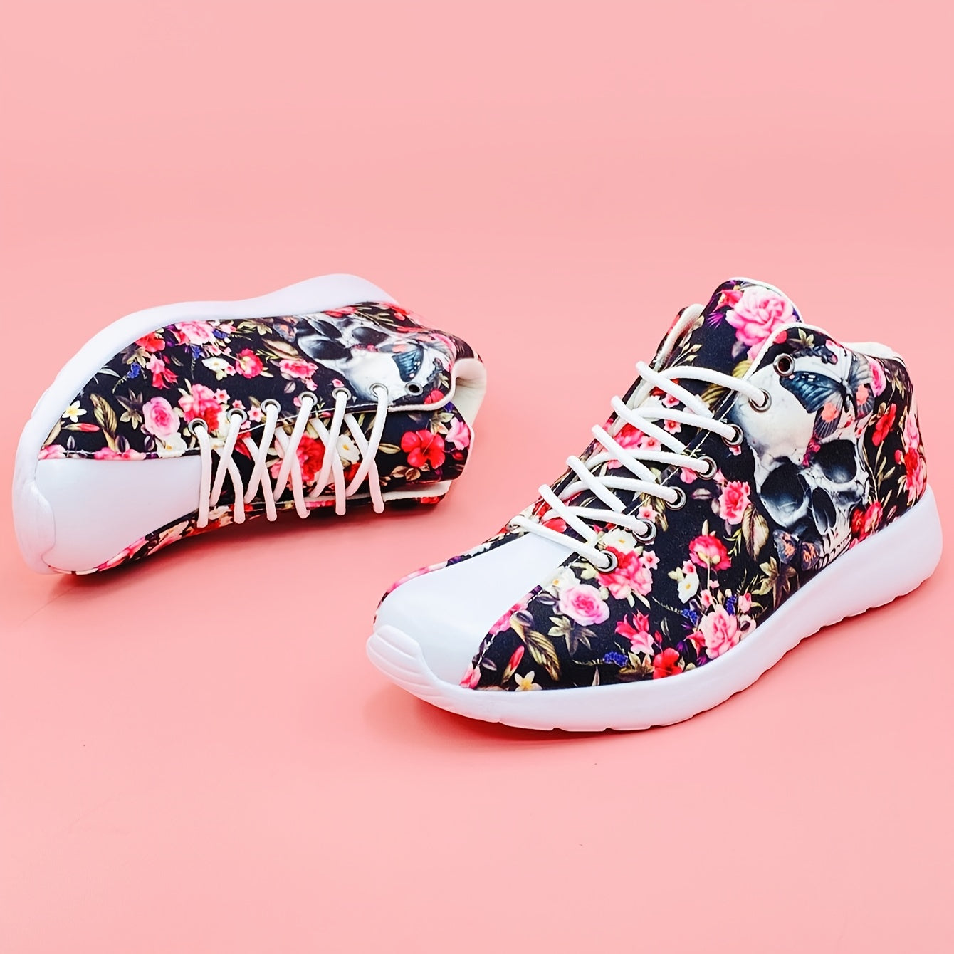 Halloween Flower & Skull High Top Running Shoes Lightweight Breathable Sneakers