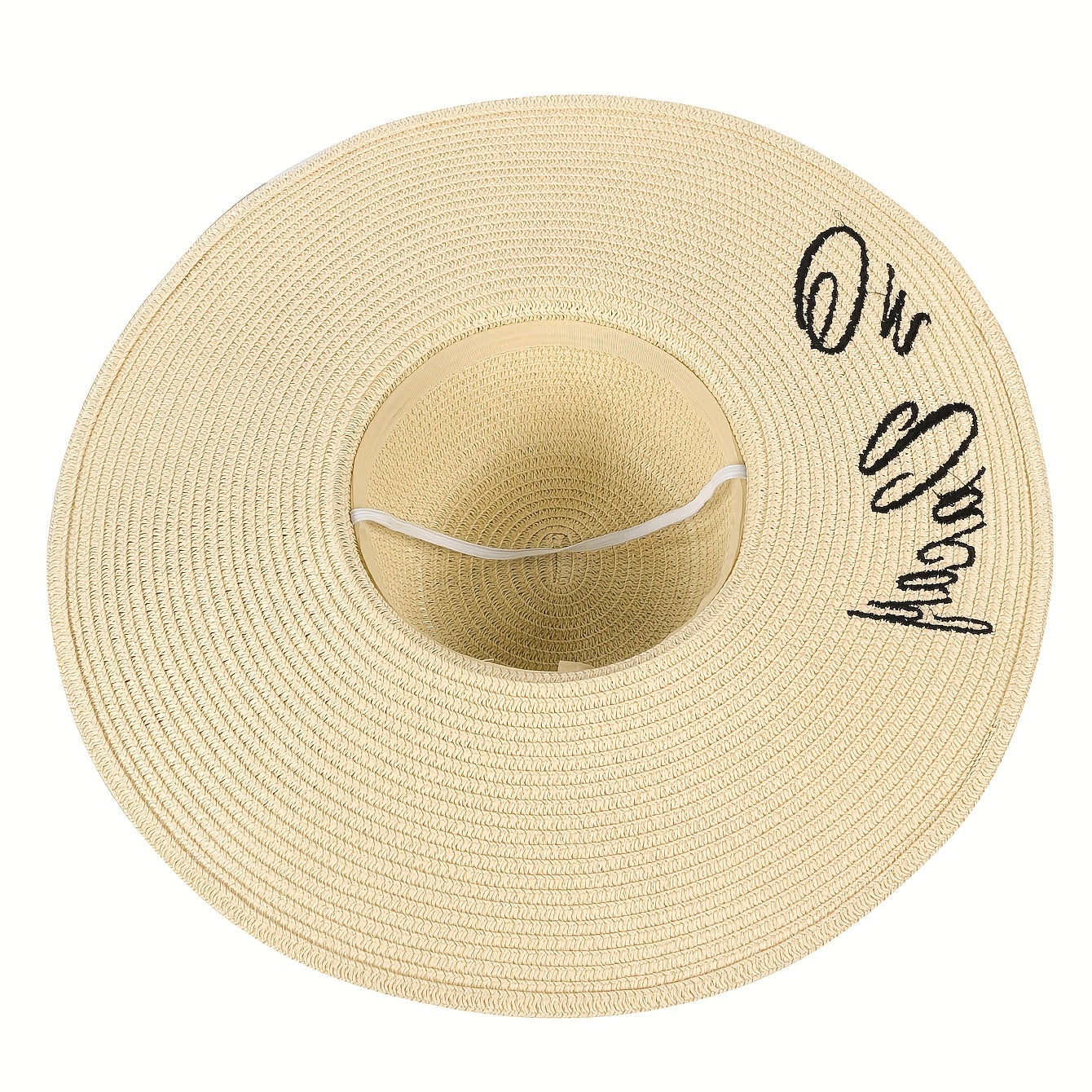 Embroidered Sun Hat Wide Brim Beige Straw Hat