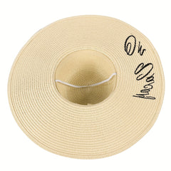 Embroidered Sun Hat Wide Brim Beige Straw Hat