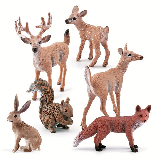6pcs PVC Animal Set: Deer, Fox, Squirrel, Rabbit, Reindeer Desktop Ornament