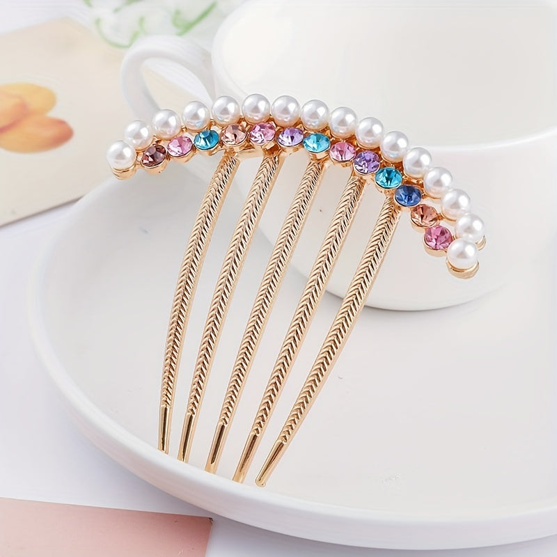 Rhinestone Faux Pearl Hair Comb Pin for Women
