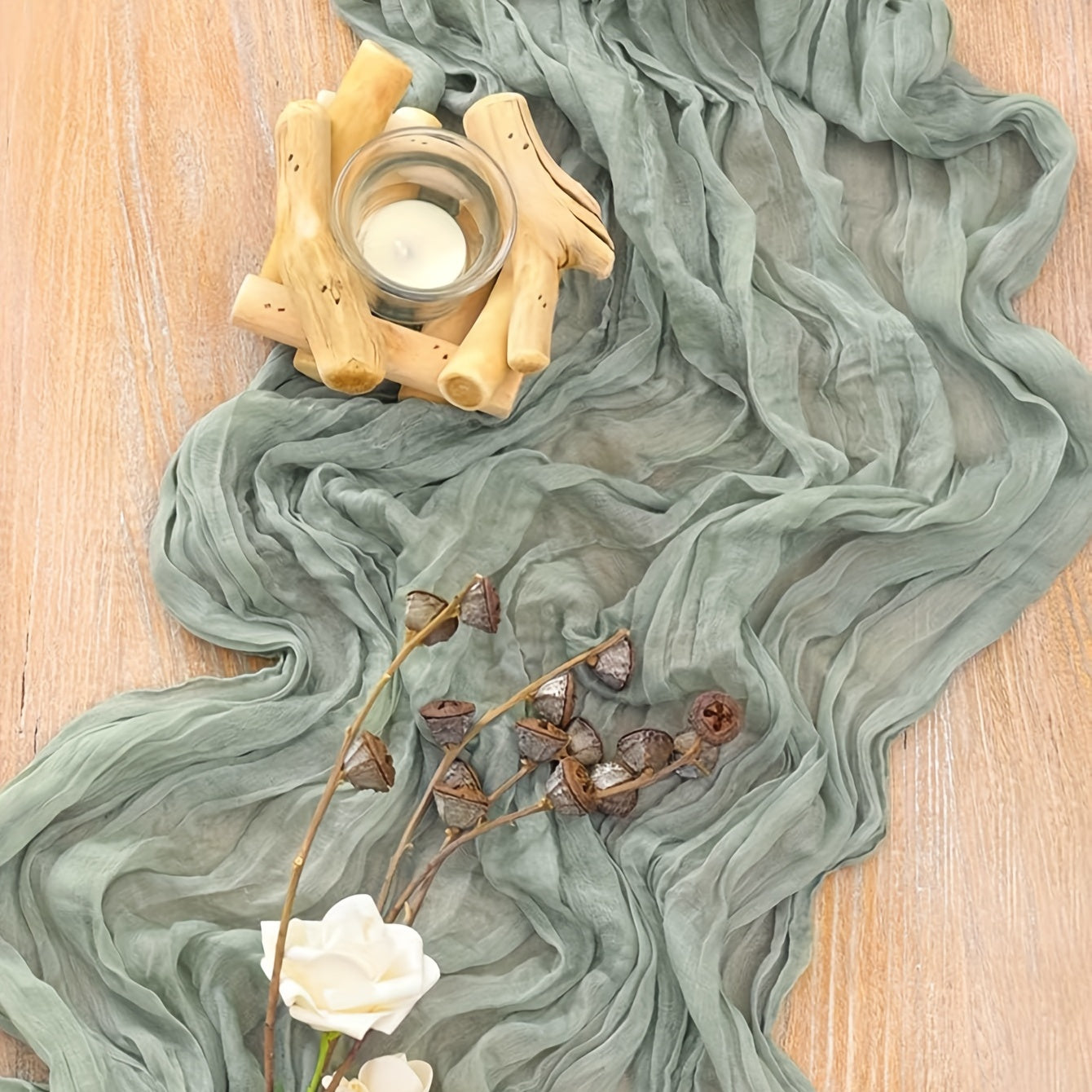 Polyester Green Balinese Table Runner Pleated Ethnic Style Holiday Decor