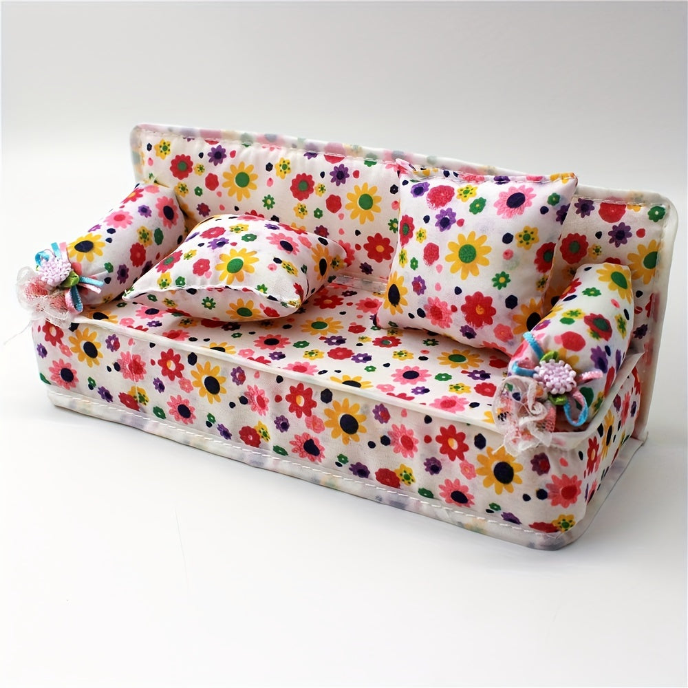 Dollhouse Furniture Flower Cloth Sofa with 2 Cushions