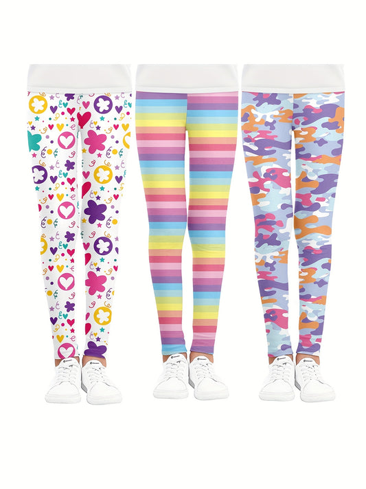 3pcs Girls Striped Camouflage And Heart Flowers Athletic Leggings