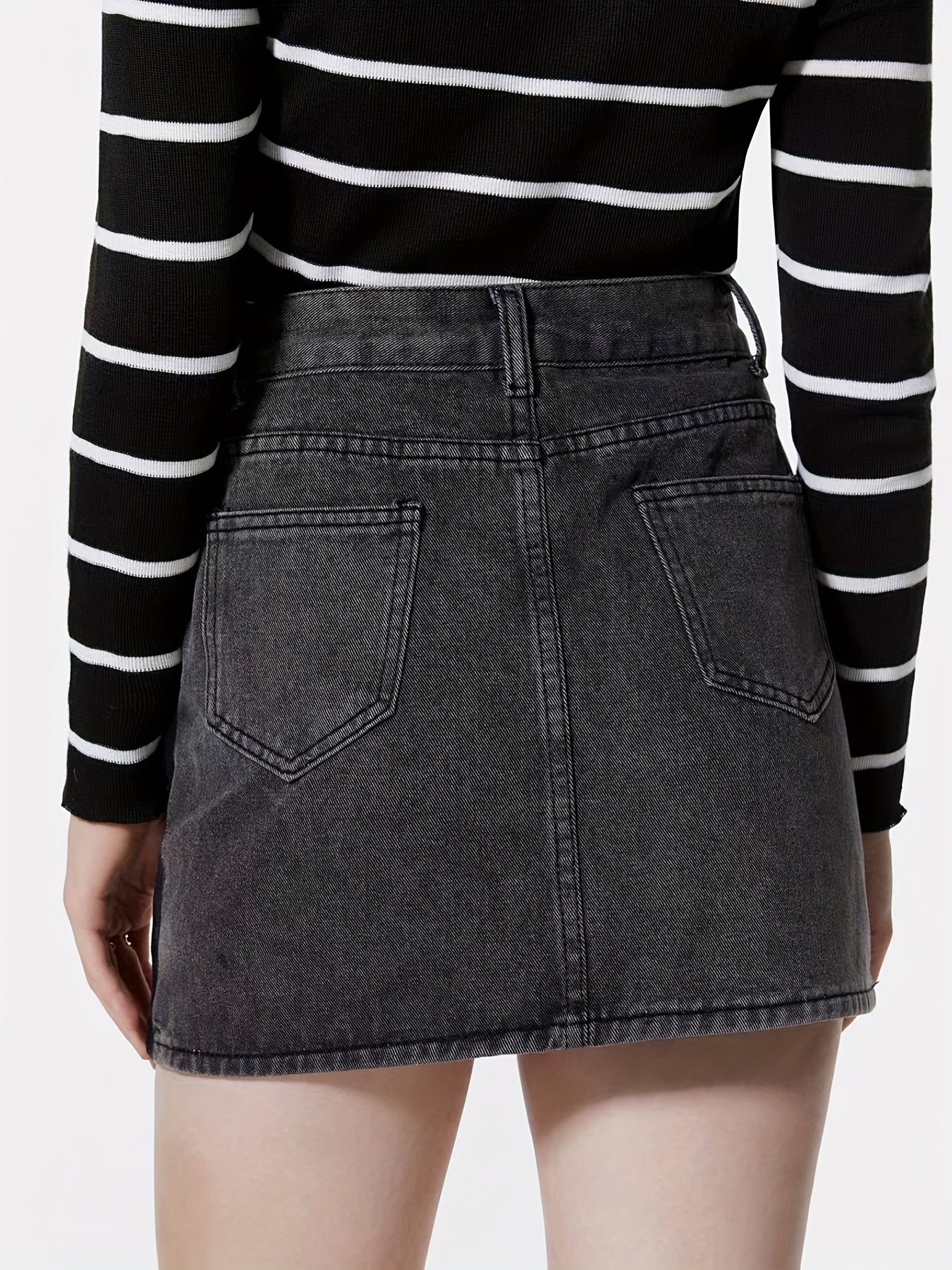 Dark Gray Denim Skirt with Slash Pockets