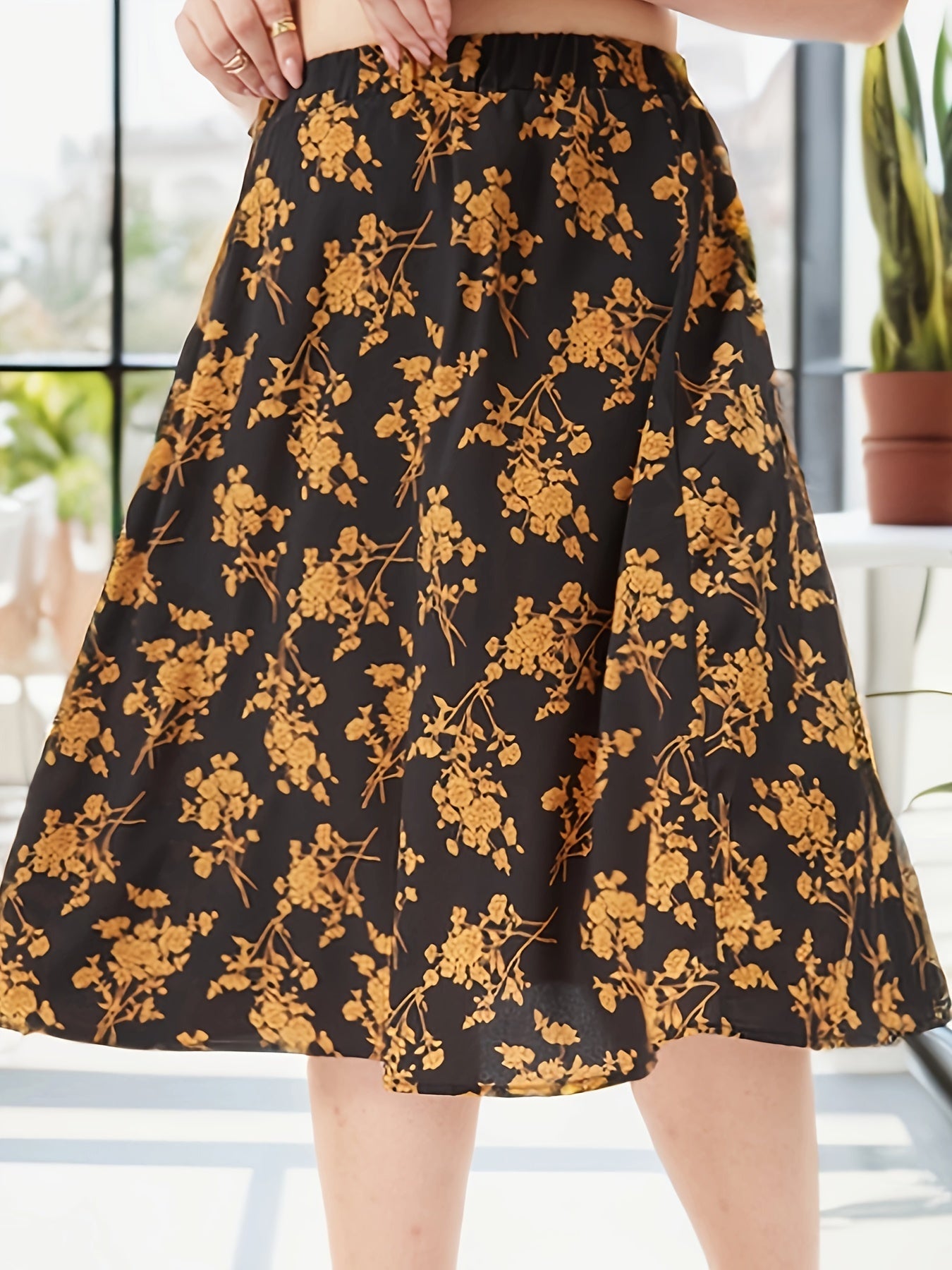  Floral Print Elastic High Rise Midi Skirt