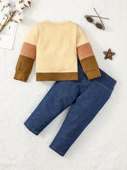 2pc Toddler Boys Colorblock Pullover Top & Ripped Jeans Set