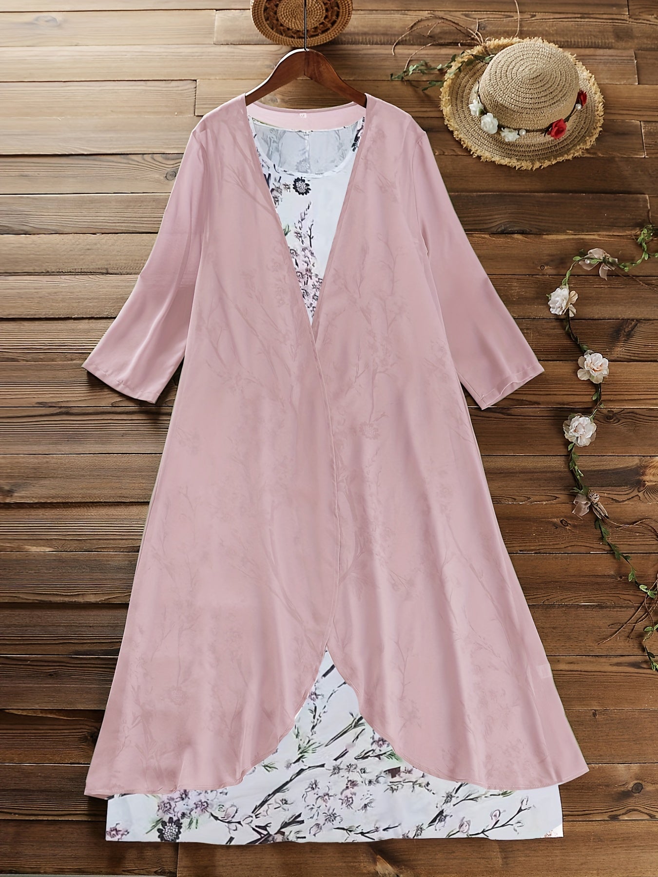 2-Piece Set: Solid Cover Up & Floral Print Tank Dress