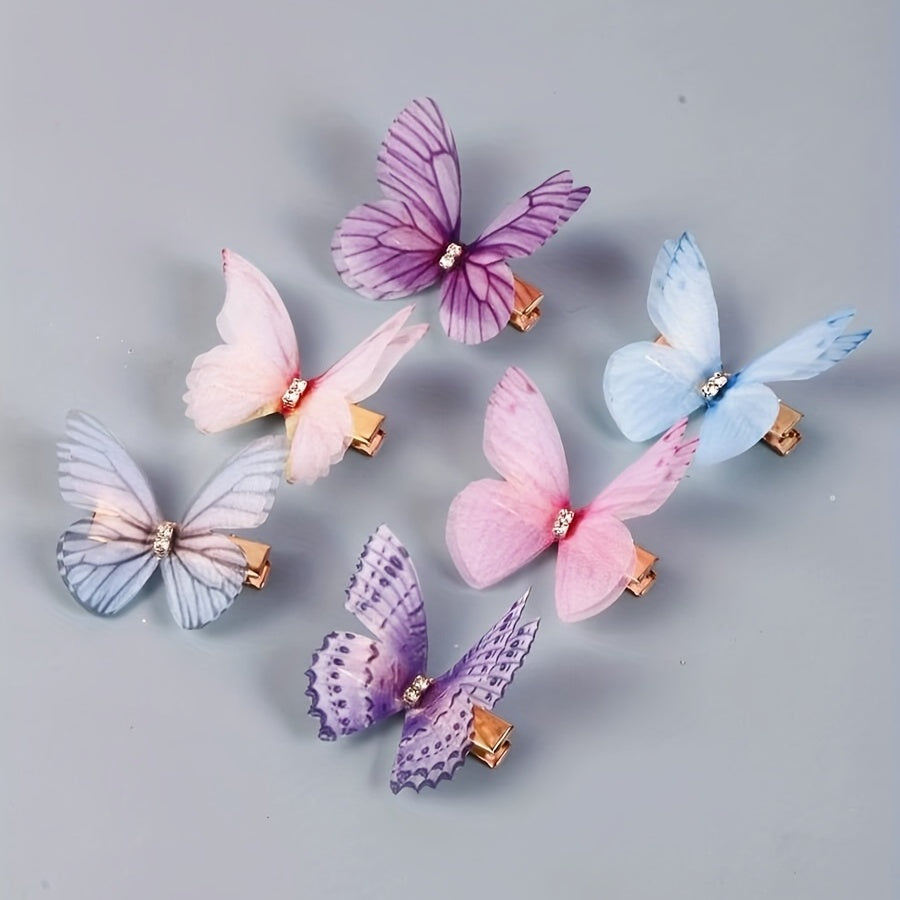 6pc Butterfly Decor Hair Clips, Double Layer Butterfly Hair Clips