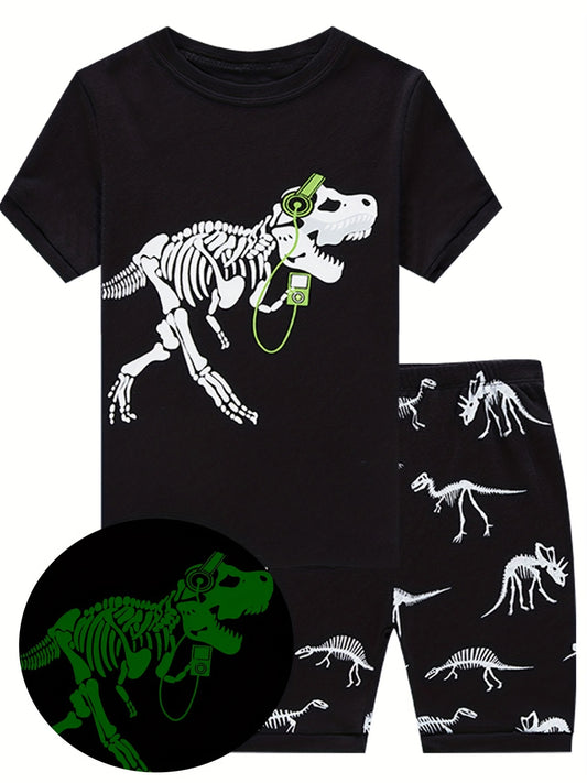 2pcs Boys Dino Print Short Sleeve T shirt & Short Set