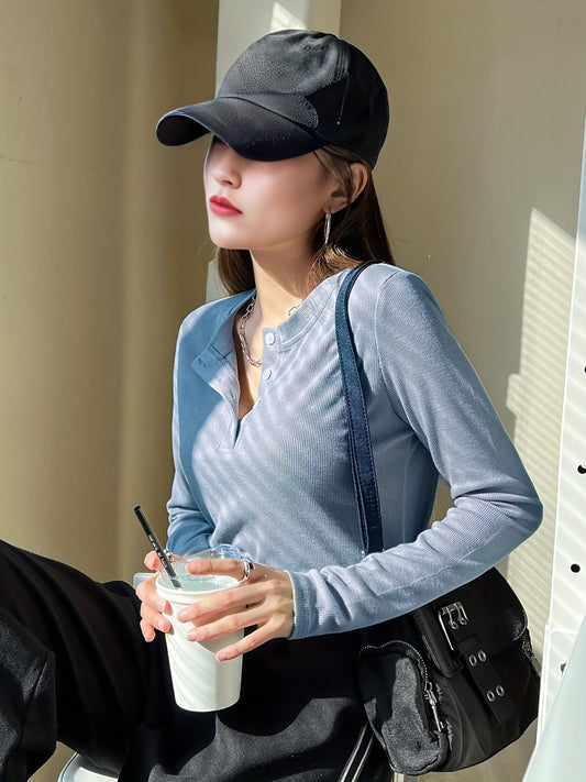 Solid Button Front T Shirt Women's Casual Long Sleeve Tee for Spring & Fall