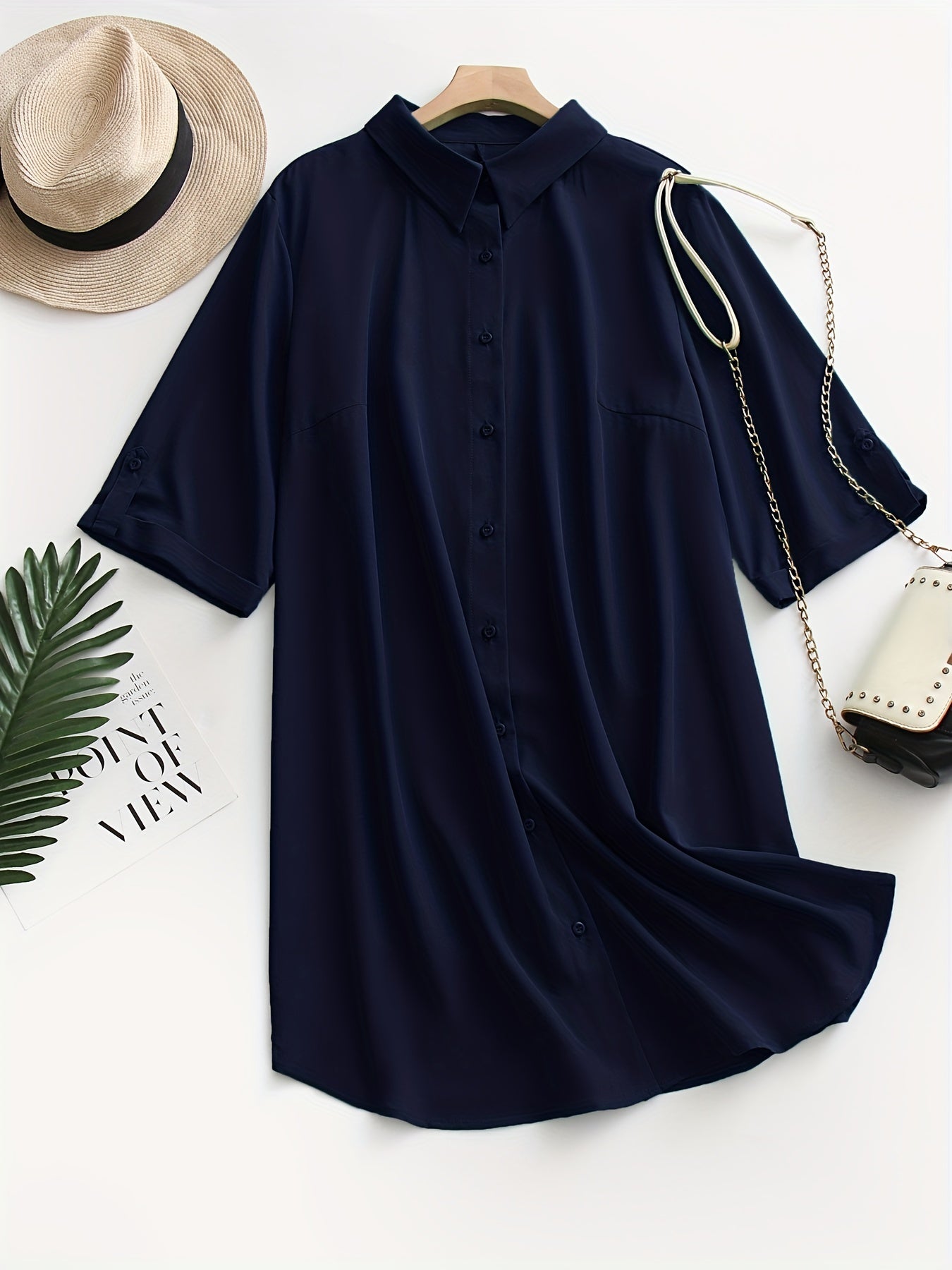  Solid Button Up Shirt Dress
