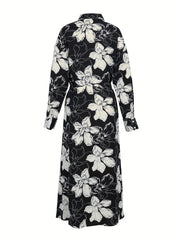  Floral Print Long Sleeve Shirt Dress With Belt
