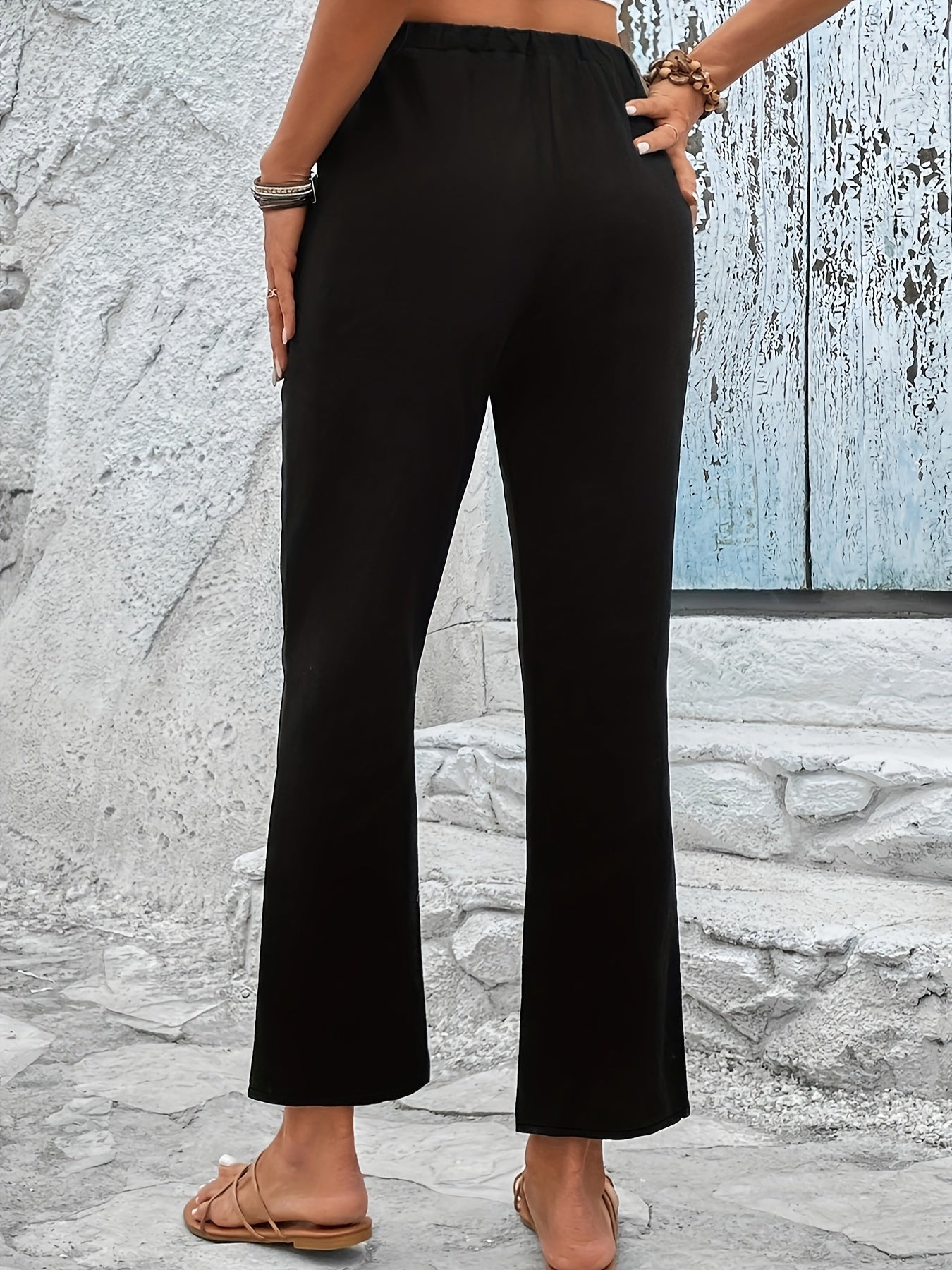  Elastic High Rise Straight Leg Trousers With Belt