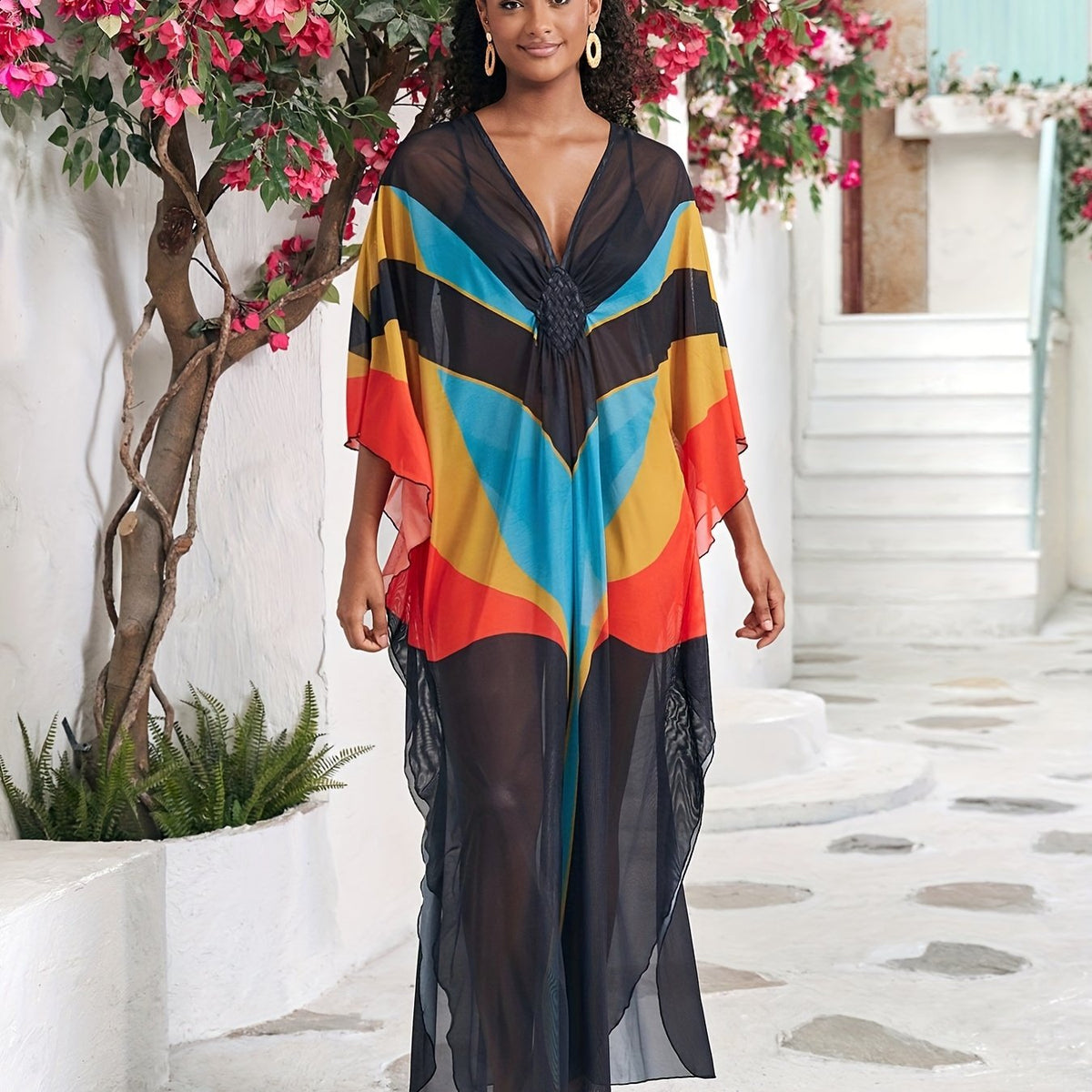  Boho Abaya Dress Women's Plus Colorblock Bat Sleeve V Neck