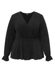  Solid Flounce Sleeve Ribbed Knit Peplum Top