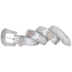 Crown Rhinestone PU Leather Belt Western Cowboy Crown Belt
