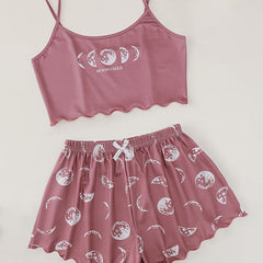 Moon Print Pajamas Comfy Cami Top & Shorts Women's Loungewear