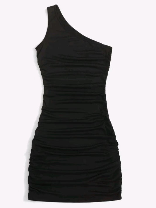 Y2K Solid One Shoulder Dress Bodycon Ruched Sleeveless Dress