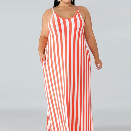  Strip Cami Maxi Dress With Pockets Women's Plus Medium Stretch