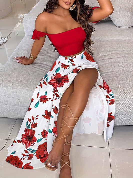 Boho 2 Piece Set Off Shoulder Smocked Tube Top & Floral Print Skirt