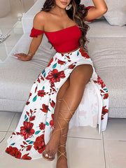 Boho Plants Print 2pc Set Off Shoulder Tube Top & Maxi Skirt Outfits