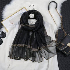 Silk Scarf Beads Decor Solid Splicing Sunscreen Shawl Casual Windproof Wrap