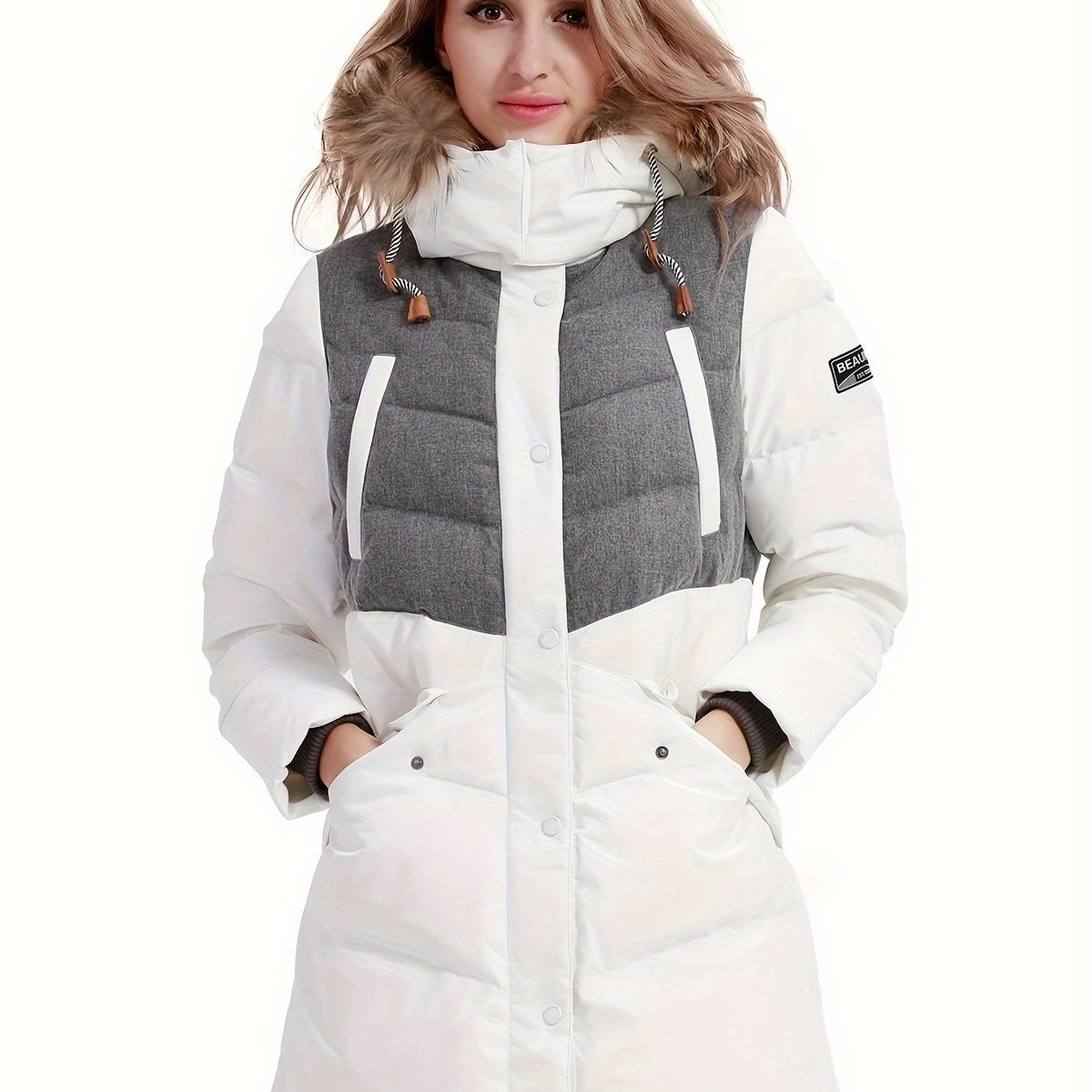 Women's Long Down Hooded Jacket Contrast Long Sleeve Winter Puffer Jacket