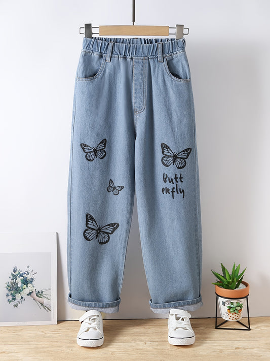 Girls Butterfly Graphic Pocket Casual Sports Loose Elastic Waist Wide Leg Jeans
