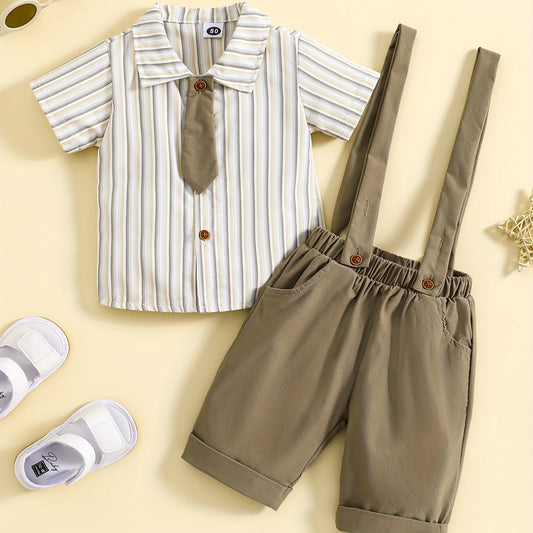 Boy's Stylish Gentleman Outfit Short Sleeve Tie Shirt & Bib Pants Set
