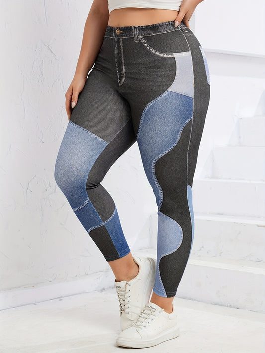 Denim Print Colorblock High Rise Leggings Plus Size Women Jeggings