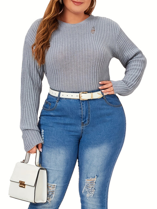  Solid Ripped Long Sleeve Sweater