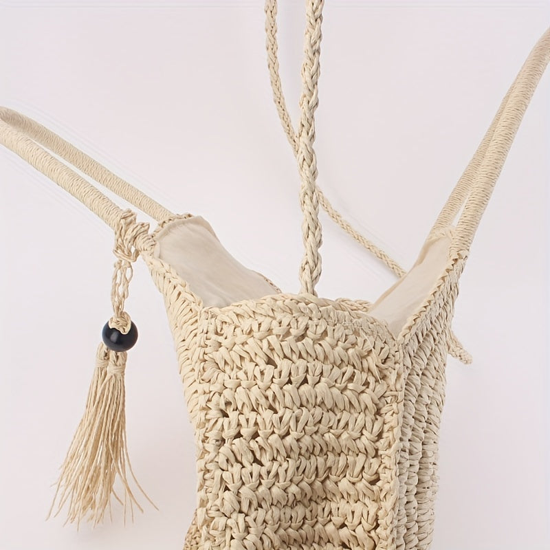 Round Straw Beach Bag Woven Boho Style Tote Bag