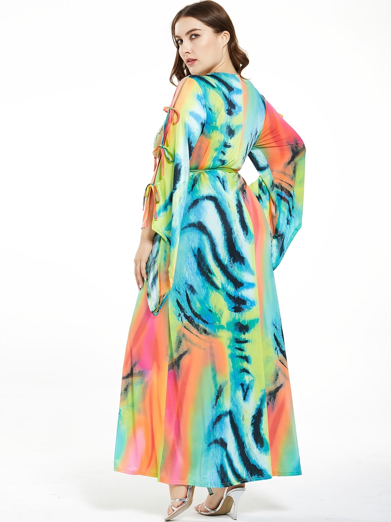  Tie Dye Lace Knot Maxi Dress Women's Plus Medium Stretch Boho Long Dre