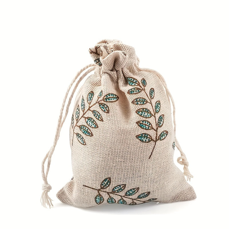30pcs 14x10cm Drawstring Gift Bags Jewelry Storage Bags with Printed Leaf