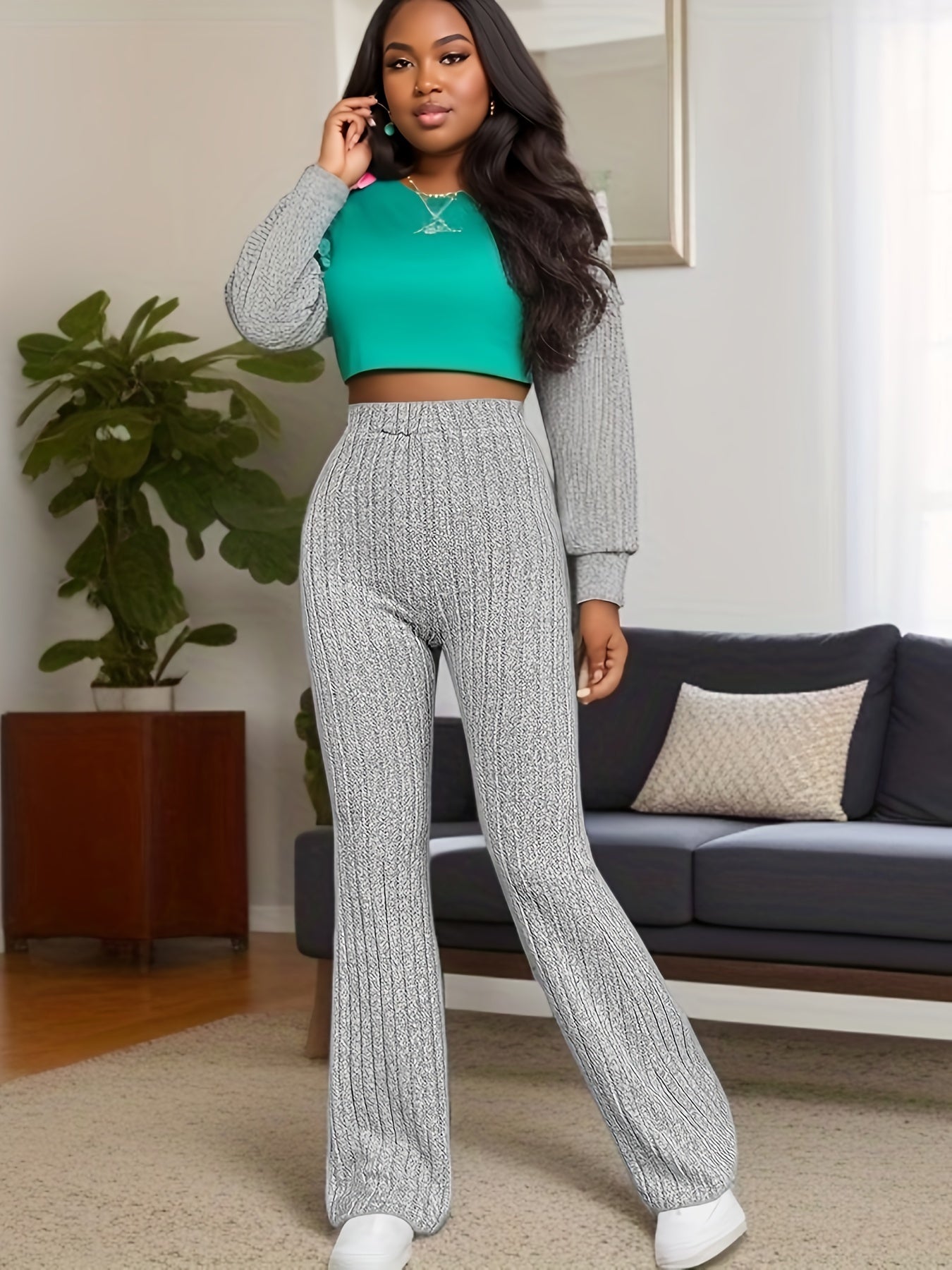 Women's Plus Solid Ribbed Knit High Waist Flared Leg Trousers