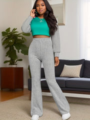 Women's Plus Solid Ribbed Knit High Waist Flared Leg Trousers