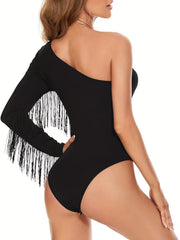 Women's Sultry One Shoulder Tassel Teddy Bodysuit