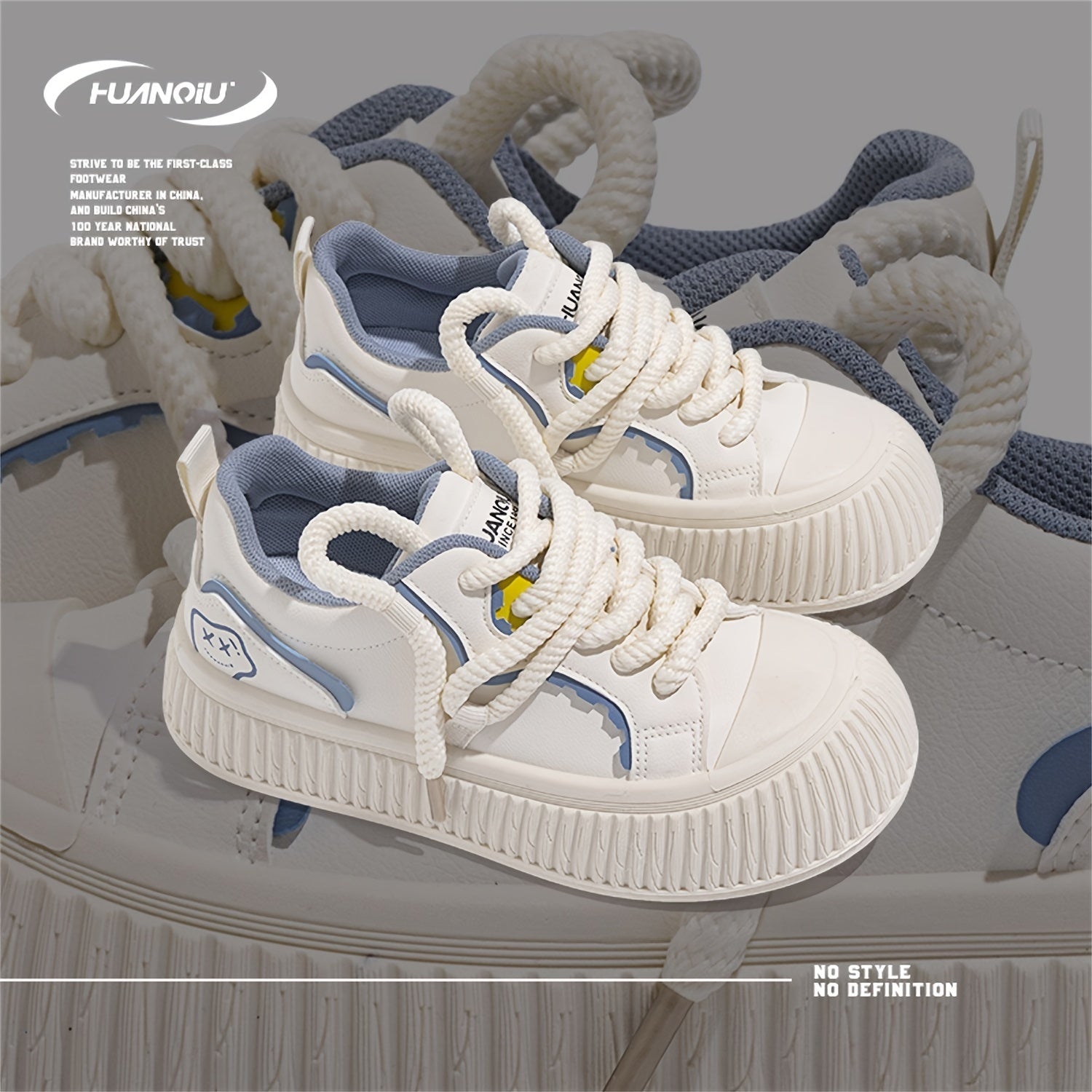 HUANQIU Smiling Face Lace-up Skate Shoes Retro Lightweight Flatform Sneakers